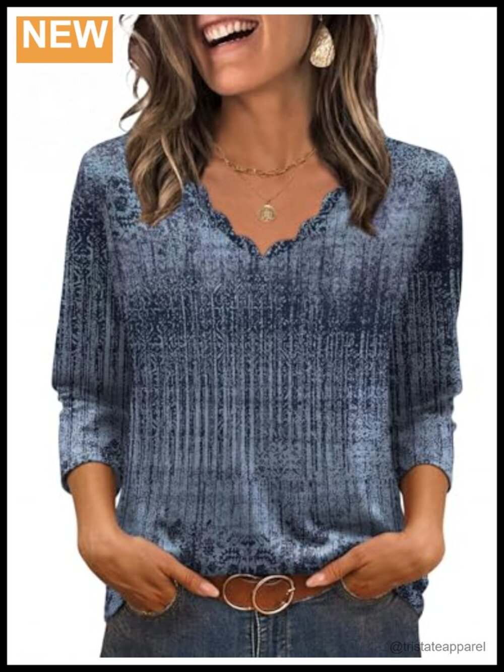 Women's 3/4 Sleeve Scalloped V-Neck Blouse Boho Casual Dressy Top